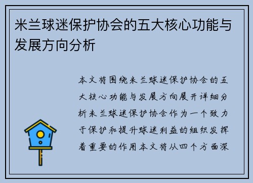 米兰球迷保护协会的五大核心功能与发展方向分析